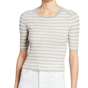 Vince Cashmere Gray White Striped Short Sleeve Knit Crewneck Sweater Top M